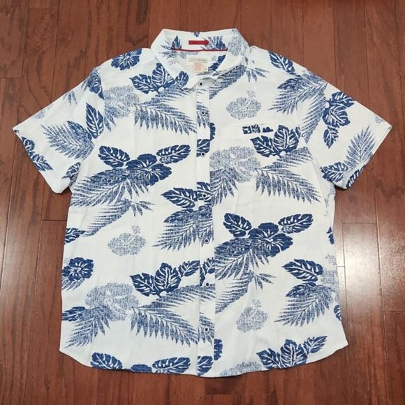 Carbon 2 Cobalt Men's Tropical Floral Button Up Polo Shirt, White/Blue, XXL - Picture 1 of 6